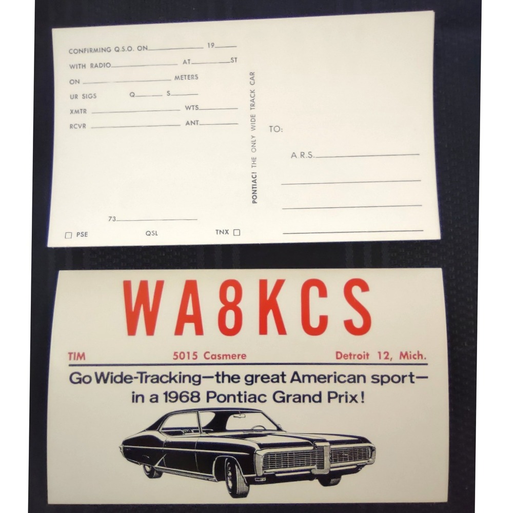 Vintage‎ 1968 Pontiac Grand Prix Ham Radio QSL Card WA8KCS Detroit MI Unused